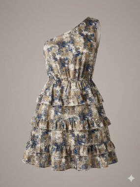 She + Sky One Shoulder Lined Dress In Cream Brown Navy Print Size L